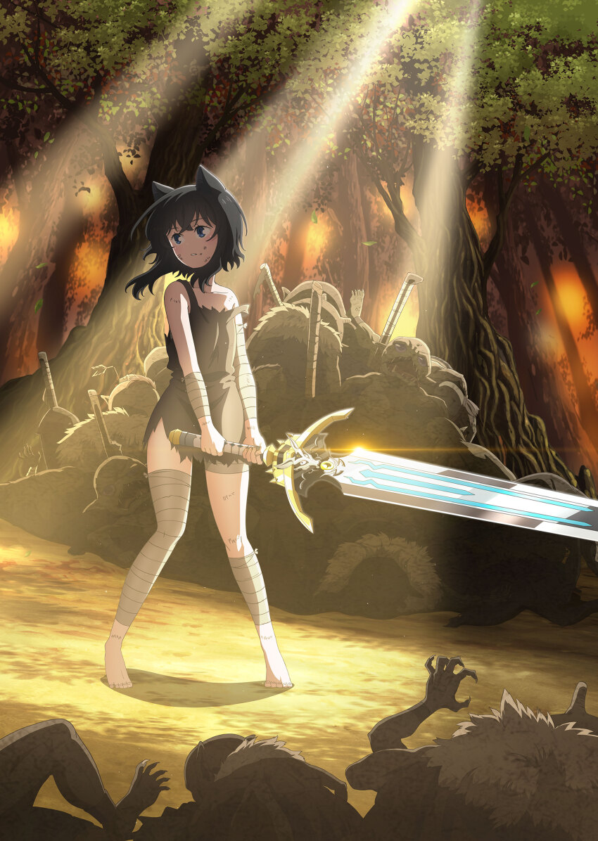 1boy 1girl absurdres bandages black_hair blue_eyes cat_girl collarbone dirty dirty_clothes dirty_face forest fran_(tensei_shitara_ken_deshita) goblin highres holding holding_sword holding_weapon huge_weapon leaf nature official_art promotional_art shishou_(tensei_shitara_ken_deshita) slit_pupils sunlight sword teeth tensei_shitara_ken_deshita weapon