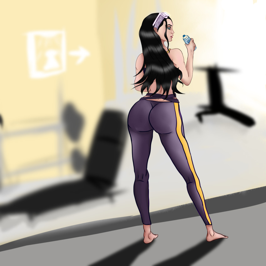 1girl ass barefoot black_hair blurry blurry_background bottle bottled_water female_focus glasses highres huge_ass jazzydevil jewelry lips long_hair nico_robin one_piece one_piece:_stampede pants purple_pants solo standing tagme thick_thighs thighs toei_animation water