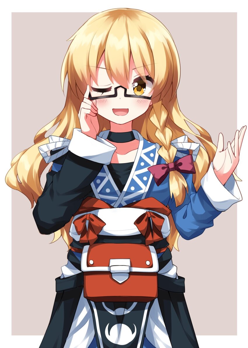 1girl ;d adjusting_eyewear bespectacled black-framed_eyewear black_choker black_shirt blonde_hair blue_shirt blush border bow braid brown_bow choker commentary_request cosplay cowboy_shot glasses grey_background hair_bow highres kirisame_marisa long_hair long_sleeves looking_at_viewer morichika_rinnosuke morichika_rinnosuke_(cosplay) one_eye_closed open_mouth outside_border ruu_(tksymkw) semi-rimless_eyewear shirt side_braid simple_background single_braid smile solo standing touhou under-rim_eyewear white_border yellow_eyes