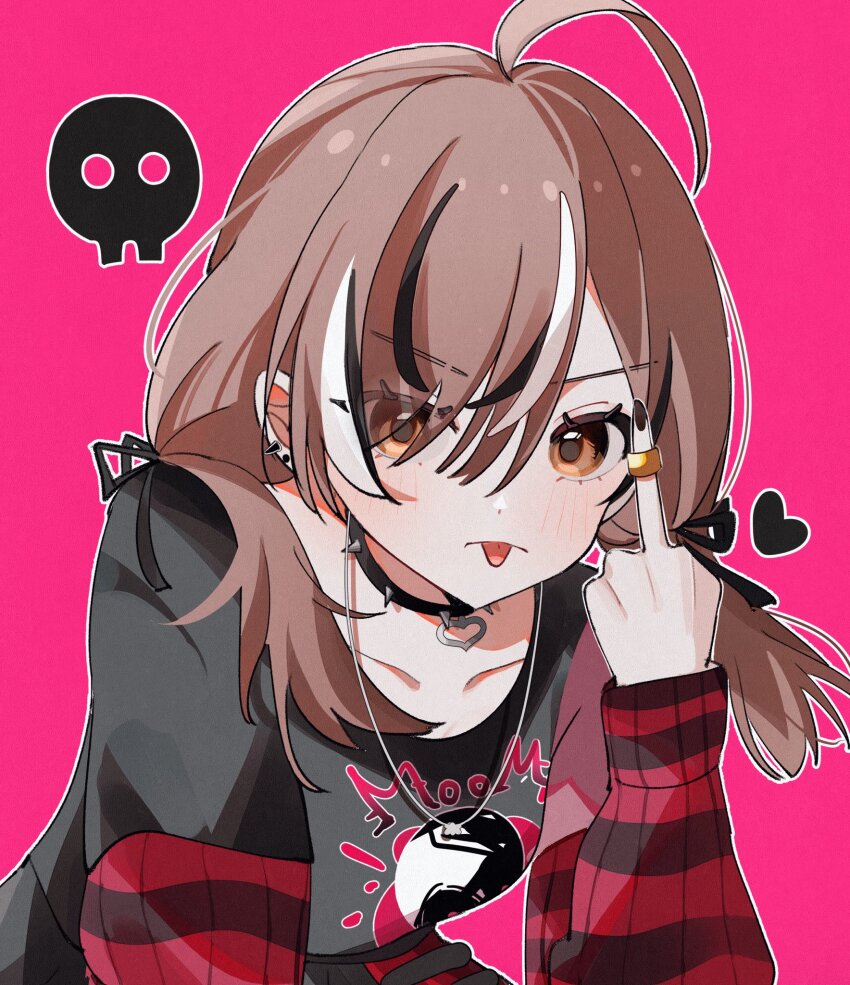 1girl ahoge black_shirt black_sweater brown_eyes brown_hair collar crossed_bangs earrings emo_fashion hair_over_one_eye hana20000920 heart highres hololive hololive_english huge_ahoge jewelry looking_at_viewer middle_finger multicolored_hair nanashi_mumei nanashi_mumei_(emo) nightmare_(nanashi_mumei) pink_background portrait red_sweater ring shirt skull spiked_collar spikes streaked_hair striped_clothes striped_sweater sweater sweater_under_shirt t-shirt tongue tongue_out two-tone_sweater virtual_youtuber