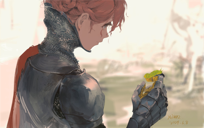 1girl absurdres animal animal_on_hand armor blue_eyes blurry blurry_background braid cape caterpillar commentary_request from_above from_behind gauntlets gorget hair_bun highres knight looking_down orange_hair original red_cape shoulder_armor side_cape smile solo xilmo