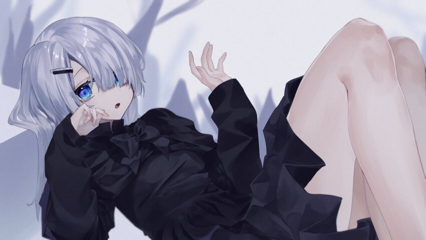 1girl absurdres black_capelet black_dress blue_eyes capelet dress hair_ornament hairpin highres indie_virtual_youtuber long_hair long_sleeves looking_at_viewer noir_(noworld) noworld piano_keys se_se_(sese_9) virtual_youtuber white_background white_hair