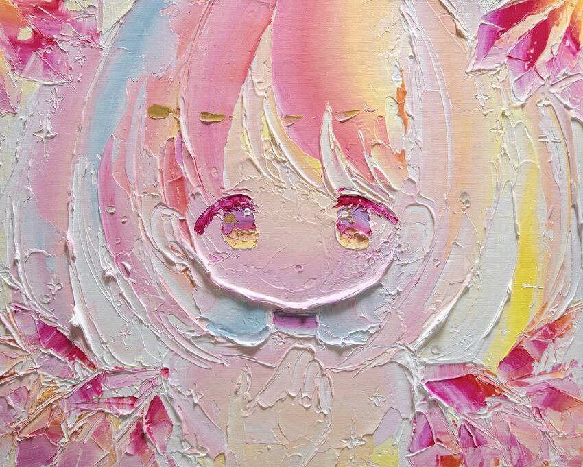 1girl absurdres bare_shoulders choker crystal_wings dot_nose gradient_hair hand_on_own_chest hand_up highres impasto looking_at_viewer multicolored_hair no_sclera oda_mifuu original painting_(medium) pink_choker pink_eyes pink_hair solo sparkle tareme traditional_media upper_body