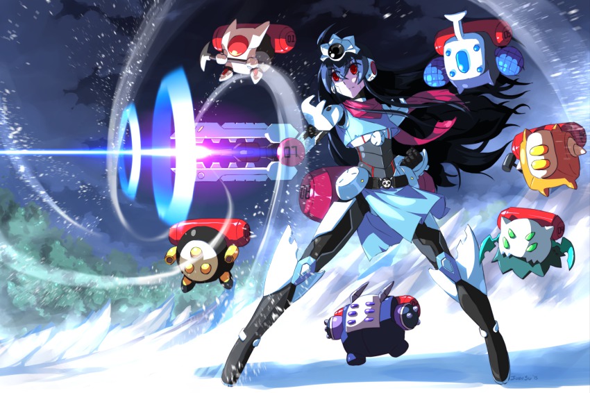 10s 1girl 2015 arm_cannon blue_hair commentary cyborg floating hammer highres john_su long_hair original pickaxe red_eyes robot scarf signature snow very_long_hair weapon