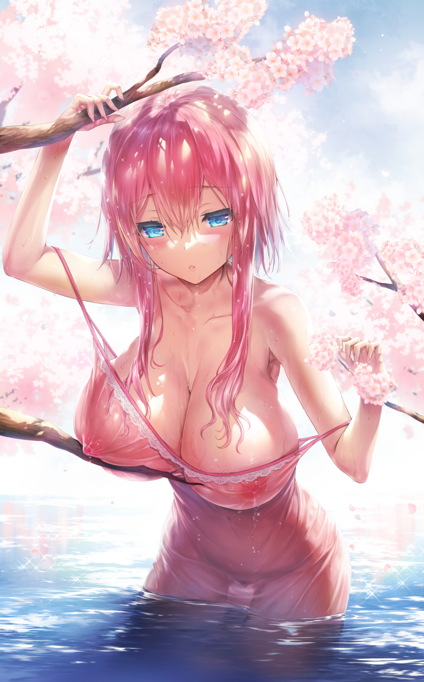 1girl bare_shoulders blue_eyes blue_sky blush branch breasts cherry_blossoms cleavage collarbone day dress falling_petals female_pubic_hair flower hair_between_eyes highres hisasi huge_breasts large_breasts long_hair looking_at_viewer nipples original outdoors parted_lips partially_submerged petals petals_on_liquid pink_flower pink_hair pubic_hair ripples see-through_clothes sky solo strap_slip tree wading water wet wet_clothes