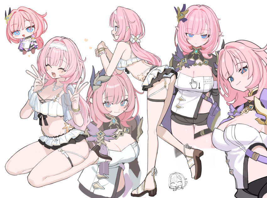 1girl ass back bikini bikini_skirt black_shorts blue_eyes breasts chibi cleavage closed_mouth clothing_cutout commentary_request corset cropped_legs doodle_inset double_v elf elysia_(honkai_impact) elysia_(miss_pink_elf)_(honkai_impact) elysia_(summer_miss_elf)_(honkai_impact) from_side headband highres honkai_(series) honkai_impact_3rd kneepits kokaki_mumose large_breasts long_hair looking_at_viewer multiple_views open_mouth pink_hair pink_pupils pointy_ears sandals short_shorts shorts side_cutout smile swimsuit thigh_strap thighs v white_background white_bikini white_corset white_headband