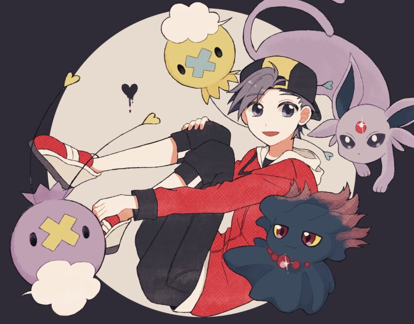 1boy :3 alternate_color animal_ears backwards_hat balloon baseball_cap black_hat black_pants colored_sclera creatures_(company) drifloon espeon ethan_(pokemon) forehead_jewel game_freak gen_2_pokemon gen_4_pokemon grey_eyes grey_hair hand_on_own_knee hat heart highres hood hooded_jacket jacket knees_up long_sleeves looking_at_viewer male_focus mikakami1e misdreavus nintendo open_mouth pants pokemon pokemon_(creature) pokemon_hgss red_eyes red_footwear red_jacket shiny_pokemon shoes short_hair tail yellow_sclera