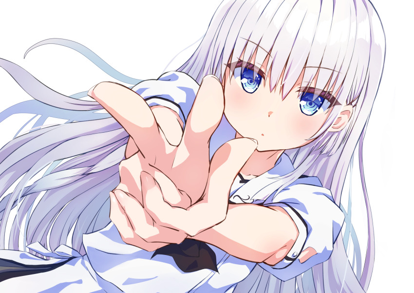 1girl ascot black_ascot blue_eyes blush commentary_request dutch_angle expressionless eyelashes eyes_visible_through_hair finger_gun floating_hair foreshortening hair_between_eyes hair_ornament hairclip highres long_hair looking_at_viewer matsu520 naruse_shiroha own_hands_together parted_lips pointing pointing_at_viewer puffy_short_sleeves puffy_sleeves rei_gun school_uniform shirt short_sleeves simple_background skirt solo straight-on summer_pockets very_long_hair white_background white_hair white_shirt white_skirt