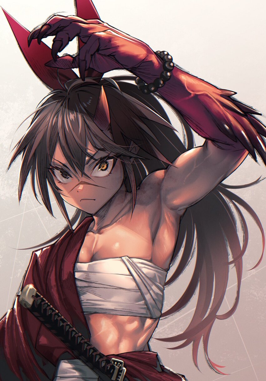 1girl abs armpits black_eyes black_hair bracelet claws hair_ribbon heterochromia highres isekai_samurai jewelry katana looking_at_viewer mikel_(4hands) muscular muscular_female ponytail ribbon robe samurai sarashi scar scar_on_face scar_on_nose sword toned toned_female tsukitsuba_ginko veins veiny_arms weapon yellow_eyes