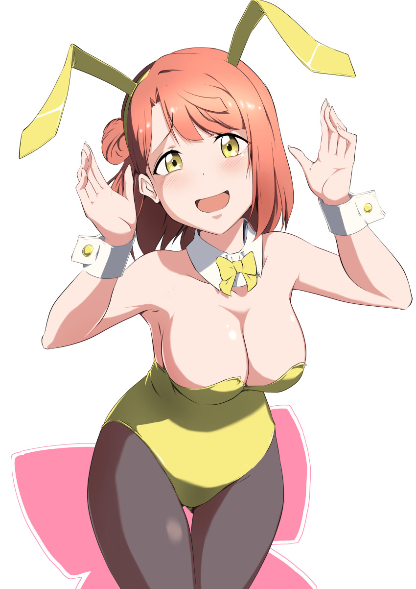 1girl absurdres bare_shoulders breasts cleavage highres leotard looking_at_viewer love_live! love_live!_nijigasaki_high_school_idol_club medium_breasts open_mouth playboy_bunny rabbit_ears smile solo standing uehara_ayumu zasshoku_ojisan