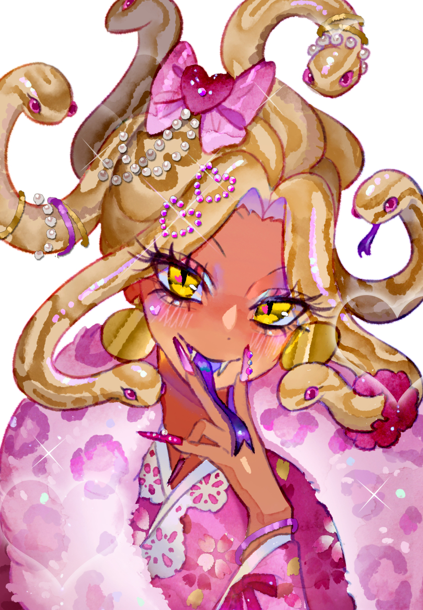 1girl absurdres blonde_hair botjira bracelet chinese_zodiac colored_tongue commentary dark-skinned_female dark_skin english_commentary fangs fingernails forked_tongue gem-studded_nails gyaru highres japanese_clothes jewelry kimono long_fingernails long_hair long_tongue looking_at_viewer nail_polish original pink_kimono pink_nails purple_tongue sharp_fingernails simple_background slit_pupils smile snake_hair solo tongue tongue_out upper_body white_background year_of_the_snake yellow_eyes