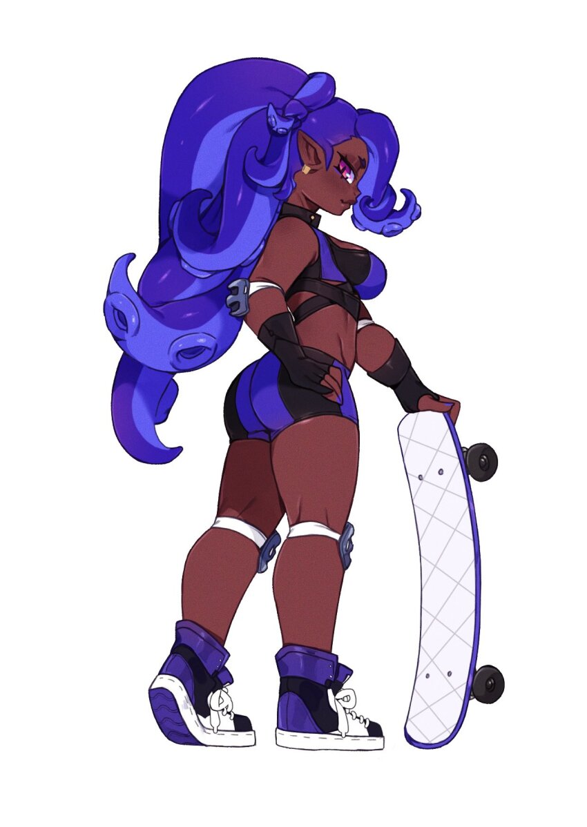 1girl ass breasts dark-skinned_female dark_skin full_body hand_on_own_hip highres large_breasts long_hair looking_at_viewer looking_back midriff nintendo octoling octoling_girl octoling_player_character pink_hair punipaws purple_hair shoes skateboard splatoon_(series) standing tentacle_hair