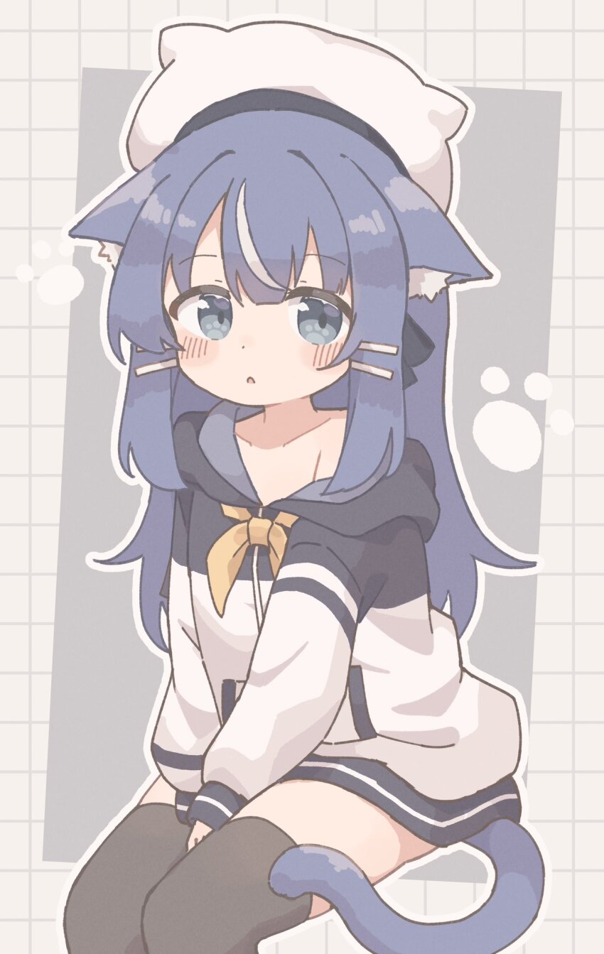 1girl animal_ear_fluff animal_ears animal_hat beret between_legs black_ribbon black_thighhighs blue_eyes blue_hair blue_tail blush borrowed_character cat_ears cat_girl cat_hat cat_tail collarbone colon_br commentary_request grey_background hair_ornament hair_ribbon hairpin hand_between_legs hat highres hood hood_down hooded_jacket jacket legs_together long_hair long_sleeves looking_at_viewer multicolored_hair neckerchief nia_(ayanepuna) no_pants original parted_lips paw_print paw_print_background pocket ribbon single_bare_shoulder sitting solo streaked_hair tail thighhighs two-tone_hair white_hair white_hat yellow_neckerchief