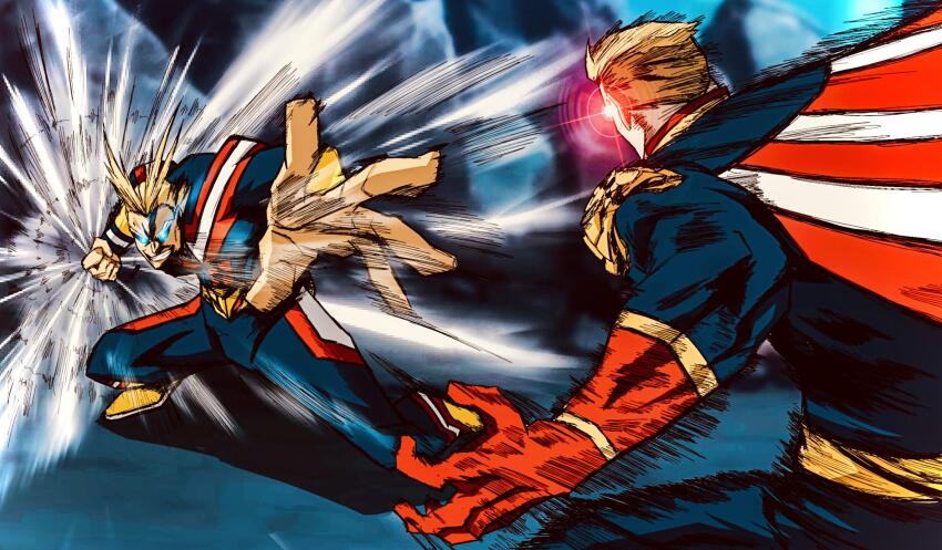 2boys all_might antenna_hair battle blonde_hair blue_background blue_bodysuit blue_eyes bodysuit boku_no_hero_academia clenched_hand clenched_teeth commentary crossover eagle_head_(ornament) english_text eye_trail fighting_stance foltest_animations gloves glowing glowing_eyes gold_trim hair_slicked_back highres homelander light_trail male_focus multiple_boys muscular muscular_male open_mouth red_eyes red_gloves short_hair teeth the_boys thick_eyebrows two-tone_bodysuit