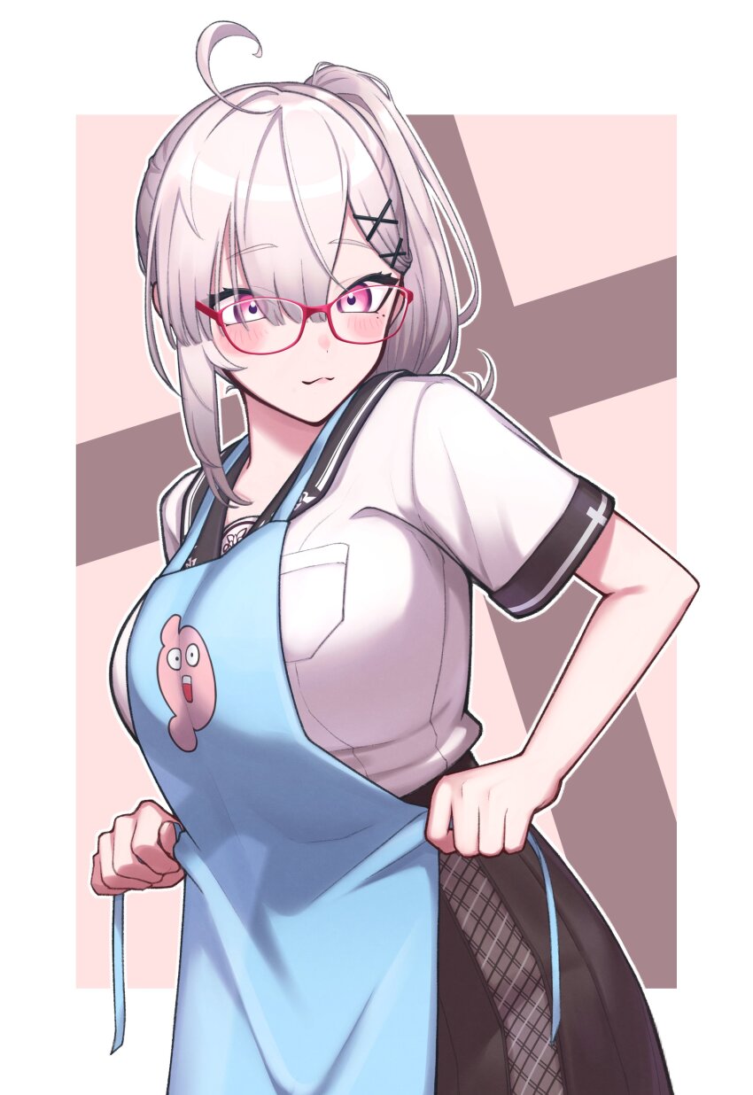 1girl :3 absurdres adjusting_apron ahoge apron black_sailor_collar black_skirt blue_apron blush breasts closed_mouth glasses grey_hair hair_between_eyes hair_ornament hairclip highres large_breasts long_hair looking_down mole mole_under_eye nijisanji norinki_(ringknightsaki) pink-framed_eyewear pink_eyes print_apron sailor_collar school_uniform serafuku short_sleeves side_ponytail skirt smile solo sukoya_kana sukoya_kana_(3rd_costume) virtual_youtuber white_serafuku