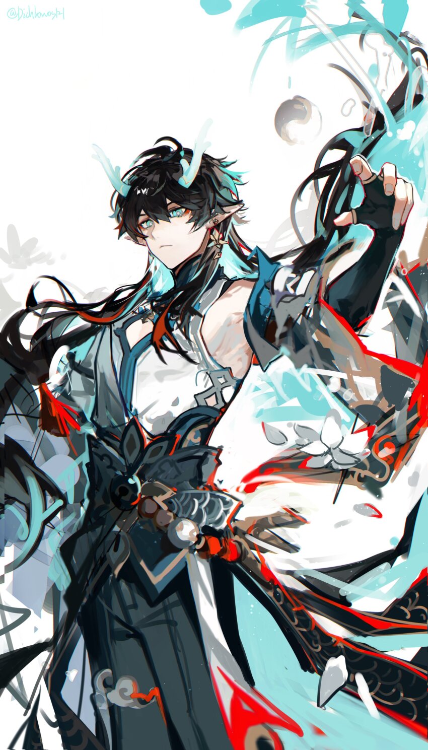 1boy absurdres chinese_clothes closed_mouth dan_heng_(honkai:_star_rail) dan_heng_(imbibitor_lunae)_(honkai:_star_rail) dichlorvos dragon_horns earrings fingerless_gloves gloves green_eyes hair_between_eyes highres honkai:_star_rail honkai_(series) horns jewelry long_hair male_focus open_hand pants pectoral_cleavage pectorals pointy_ears simple_background solo spoilers upper_body white_background yin_yang