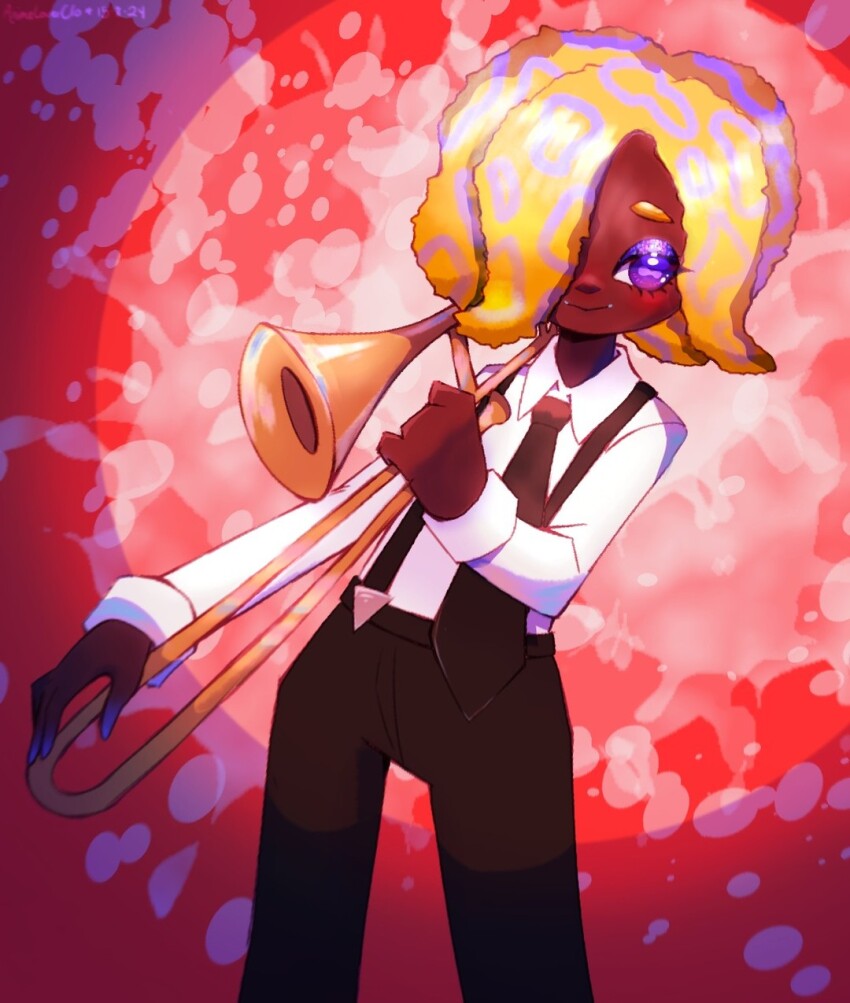 1girl animeloverclo black_necktie black_pants cowboy_shot dark-skinned_female dark_skin eyeshadow hair_over_one_eye highres holding holding_instrument holding_trombone instrument makeup necktie nintendo orange_hair pants patterned_hair purple_eyes red_background shirt shirt_tucked_in smile solo splatoon_(series) splatoon_3 suspenders tao_blu tentacle_hair trombone white_shirt