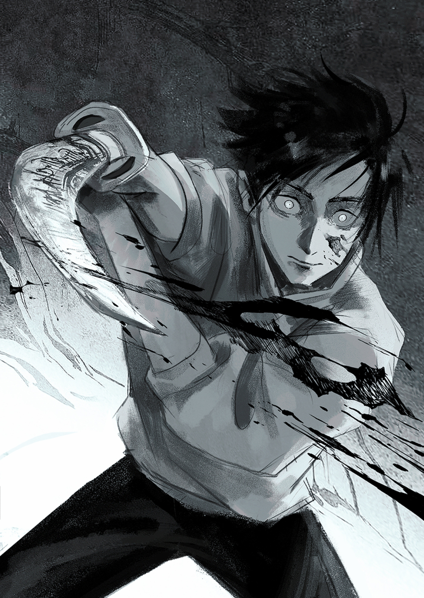 1boy black_hair blood blood_splatter greybookman highres jujutsu_kaisen male_focus monochrome okkotsu_yuuta sword weapon