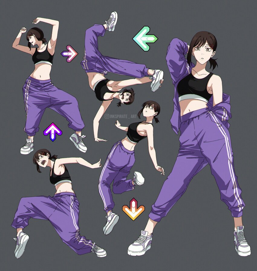 1girl absurdres armpits arms_up arrow_(symbol) artist_name ass black_sports_bra breakdance breasts bright_pupils brown_eyes brown_hair chainsaw_man dance_dance_revolution full_body grey_background higashiyama_kobeni highres inkspirate instagram_username looking_at_viewer medium_hair multiple_views navel pants ponytail purple_pants short_hair sideboob simple_background sports_bra track_pants white_footwear white_pupils white_sneakers