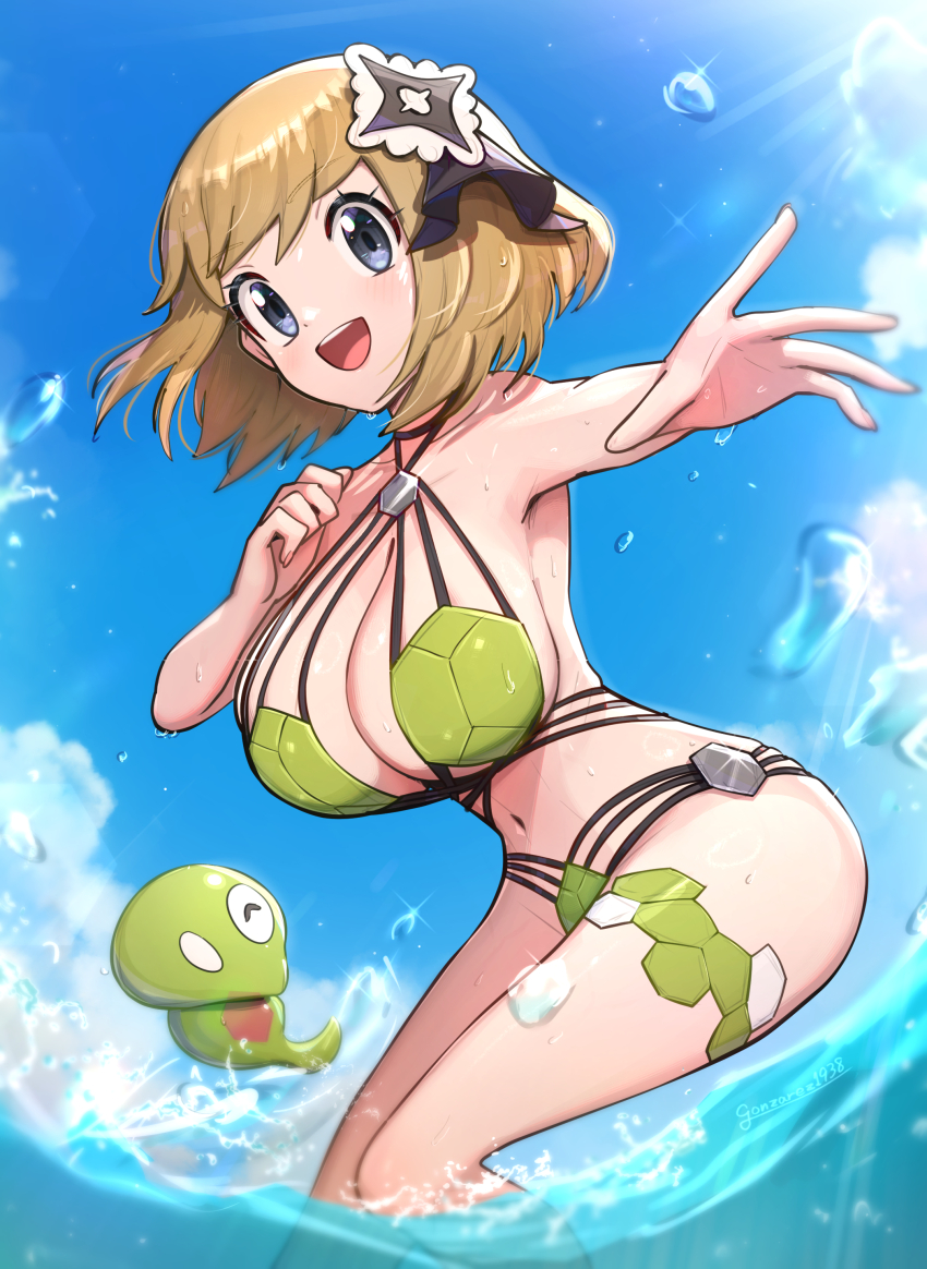 1girl absurdres alternate_costume bikini black_ribbon blonde_hair breasts cloud creatures_(company) day eyelashes front-tie_bikini_top front-tie_top game_freak gen_6_pokemon gonzarez green_bikini grey_eyes hair_ornament hair_ribbon highres large_breasts legendary_pokemon looking_at_viewer nintendo ocean open_mouth outdoors pokemon pokemon_masters_ex ribbon serena_(pokemon) short_hair side-tie_bikini_bottom sky smile solo stomach string_bikini swimsuit water zygarde zygarde_core