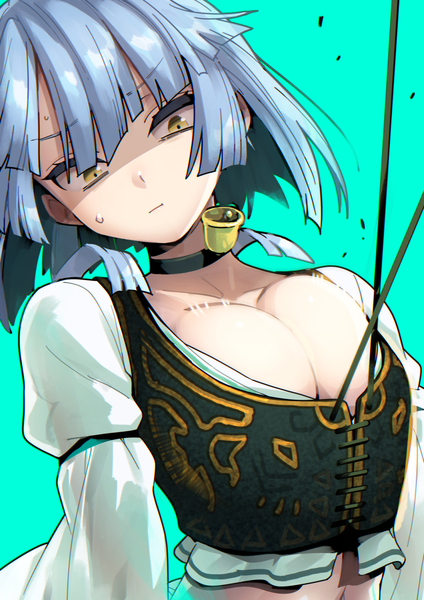 1girl baphomet_(megido72) bell blue_hair blunt_bangs blunt_ends breasts cleavage collarbone corset highres juliet_sleeves large_breasts long_sleeves megido72 navel neck_bell pout puffy_sleeves puyo_(puyotopia) short_hair simple_background solo stomach white_sleeves yellow_eyes