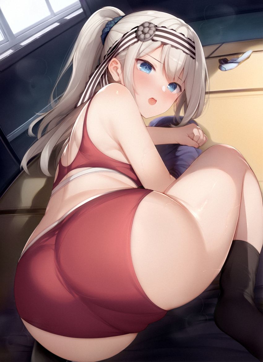 1girl :o ass black_socks blue_eyes blush cameltoe crop_top grey_hair gym_uniform hairband highres indoors kaguya-sama_wa_kokurasetai_~tensai-tachi_no_renai_zunousen~ kimoshi long_hair ponytail red_shorts shiny_skin shirogane_kei shorts socks solo sports_bra striped_clothes striped_hairband