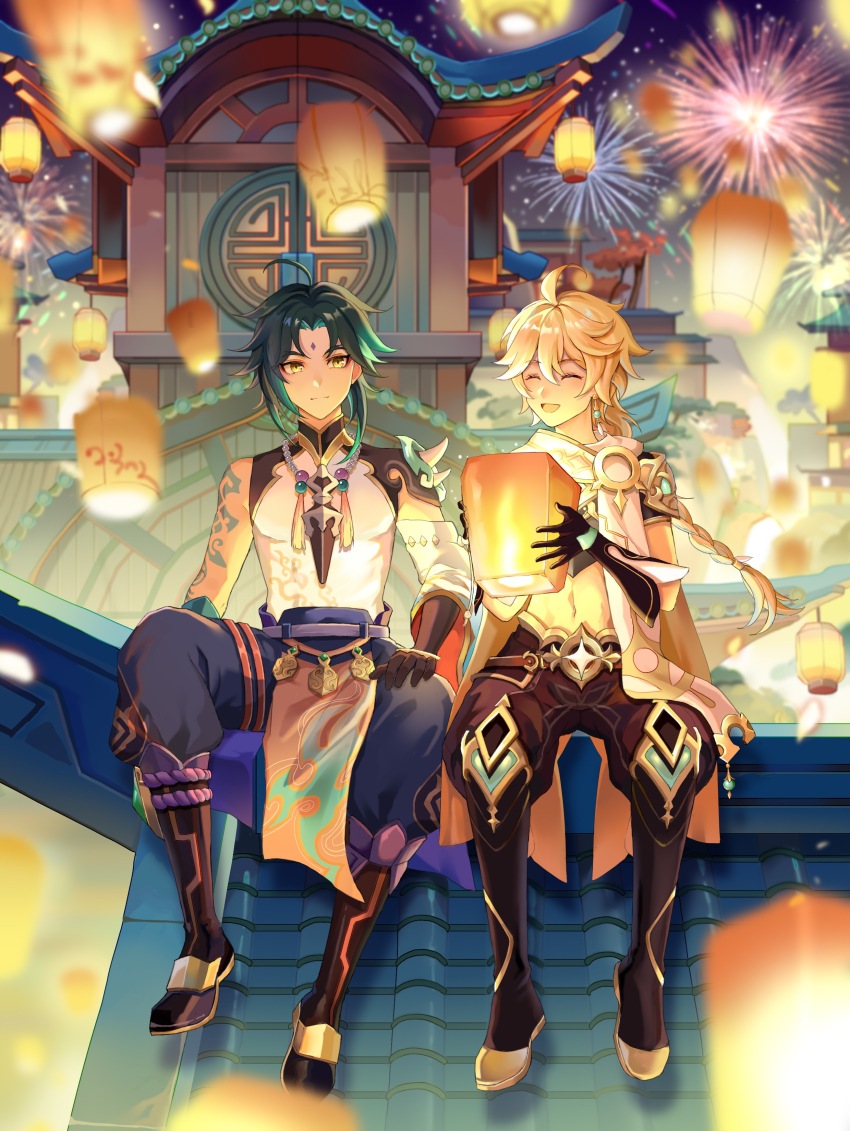 2boys absurdres aerial_fireworks aether_(genshin_impact) ahoge architecture arm_guards arm_tattoo armor asymmetrical_clothes bead_necklace beads black_gloves black_hair blonde_hair blurry boots braid braided_ponytail closed_eyes closed_mouth commentary_request crop_top detached_sleeves earrings east_asian_architecture facial_mark fireworks forehead_mark genshin_impact gloves green_hair hair_between_eyes highres holding jewelry lantern long_hair male_focus midriff multicolored_hair multiple_boys navel necklace night open_mouth outdoors pants paper_lantern parted_bangs rooftop scarf short_sleeves shoulder_armor single_bare_shoulder single_braid single_detached_sleeve single_earring sitting sky_lantern smile tassel tattoo xiao_(genshin_impact) xuanjilingzhu yellow_eyes