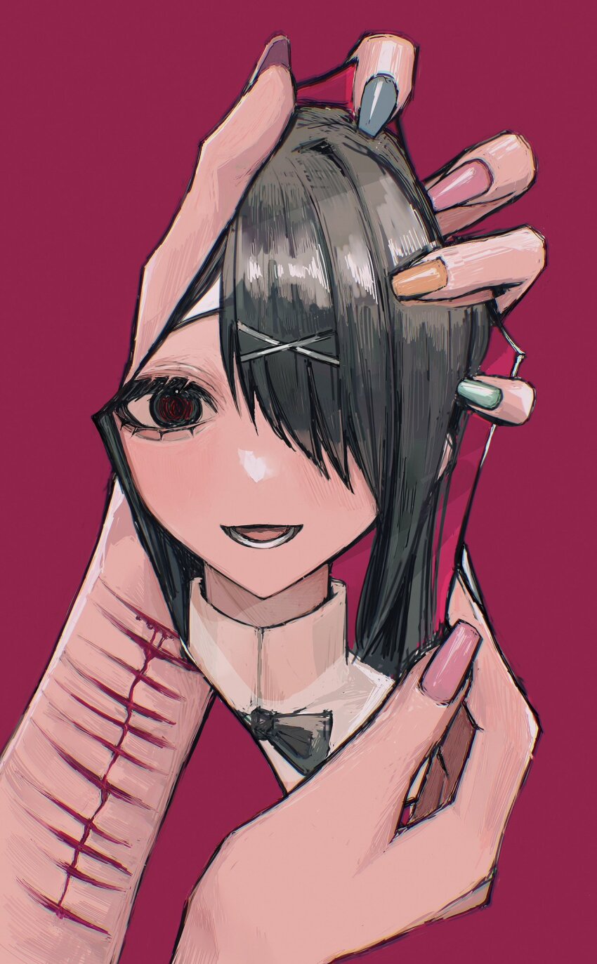 1girl aegyo_sal ame-chan_(needy_girl_overdose) black_bow black_bowtie black_eyes blood blood_drip blood_on_arm bow bowtie broken_mirror collared_shirt hair_ornament hair_over_one_eye highres holding holding_mirror looking_at_viewer lower_teeth_only mirror nail_polish needy_girl_overdose open_mouth pao_(i_loxe_u) pink_nails red_background red_shirt self-harm shirt simple_background smile solo teeth x_hair_ornament