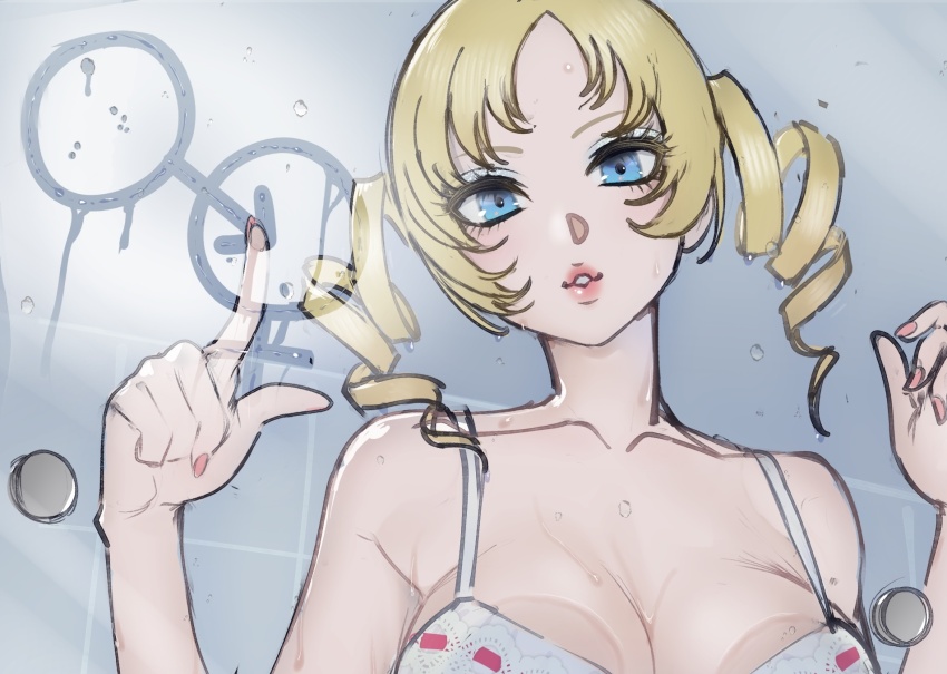 1girl against_glass blonde_hair blue_eyes bra breast_press breasts catherine_(atlus_character) catherine_(game) cleavage condensation drill_hair eyelashes finger_writing glass_writing highres interlocked_mars_and_venus_symbols large_breasts light_blush long_hair looking_at_viewer makeup mars_symbol mascara nail_polish parted_lips pink_nails poechan_chan twin_drills underwear venus_symbol wet white_bra