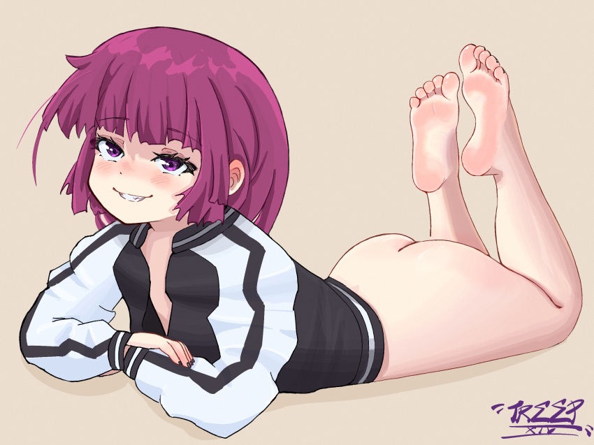 1girl ass barefoot black_jacket blunt_ends blush bocchi_the_rock! bottomless brown_background commentary english_commentary eyelashes feet feet_up full_body highres hiroi_kikuri jacket legs long_hair looking_at_viewer lying multicolored_clothes multicolored_jacket naughty_face on_stomach purple_eyes purple_hair seductive_gaze seductive_smile shadow sharp_teeth signature simple_background smile soles solo teeth the_pose toes treepxiv two-tone_jacket white_jacket