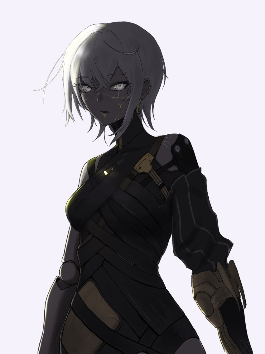 1girl bell_(only-id_228) colored_skin dark_skin grey_eyes grey_skin highres mechanical_arms punishing:_gray_raven scar scar_on_face shadowed short_hair simple_background single_mechanical_arm upper_body voodoo_(pgr) white_hair