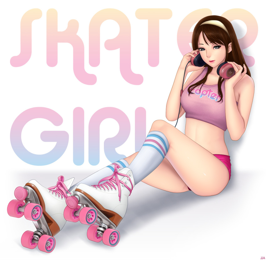 1girl black_eyes brown_hair crop_top female_focus headband headset highres khalitzburg_(user_2274420) long_hair original parted_lips roller_skates short_shorts shorts simple_background sitting skates socks solo sports_bra