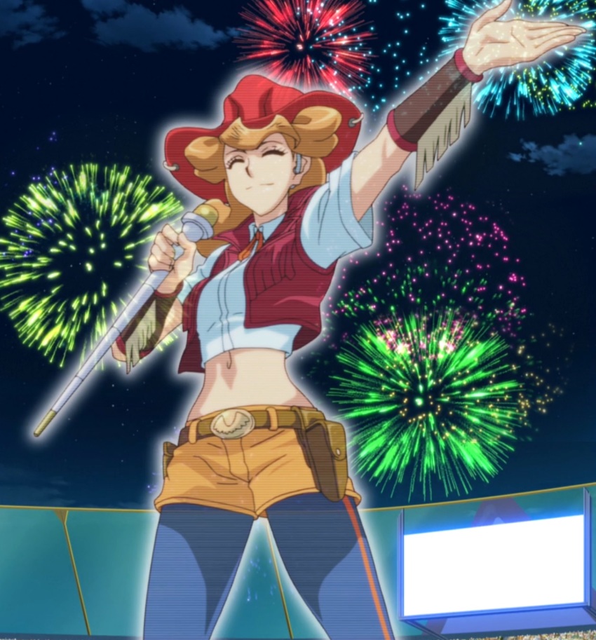 1girl arm_up belt breasts cowboy_hat female_focus hat highres hologram large_breasts light_brown_hair melissa_claire microphone midriff navel night night_sky screencap shirt sky smile third-party_edit vest yu-gi-oh! yu-gi-oh!_arc-v