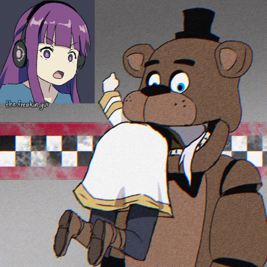 1boy 2girls artist_name ass bear_boy bite_of_87_(meme) black_pantyhose blunt_bangs boots brown_footwear commentary english_commentary fern_(sousou_no_frieren) five_nights_at_freddy&#039;s freddy_fazbear frieren full_body furry furry_male gold_trim hand_up hat headphones highres long_hair long_sleeves lower_body markiplier meme mini_hat mini_top_hat multiple_girls open_mouth pantyhose portrait purple_eyes purple_hair real_life robot sidelocks skirt sousou_no_frieren straight_hair stuck surprised the_freakin_yui top_hat v-shaped_eyebrows white_skirt