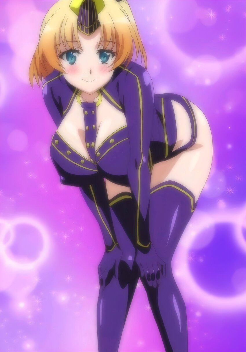 1girl absurdres bent_over blonde_hair blue_eyes breasts cleavage covered_erect_nipples dakara_boku_wa_h_ga_dekinai fukumune_iria hands_on_own_knees highres large_breasts leaning_forward legs smile solo stitched thighs third-party_edit