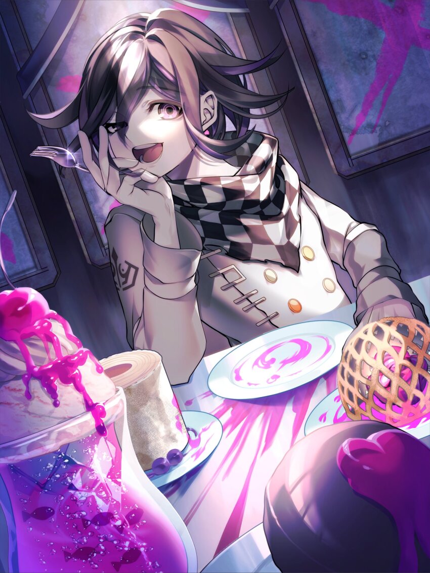 1boy arm_belt bishounen black_hair blood buttons checkered_clothes checkered_scarf commentary cross danganronpa_(series) danganronpa_v3:_killing_harmony flipped_hair food fork hair_between_eyes half-closed_eye highres holding holding_fork ice_cream long_sleeves looking_at_viewer male_focus multicolored_buttons nota_sayaka oma_kokichi open_mouth pale_skin picture_frame pink_blood plate purple_eyes purple_hair purple_theme ringed_eyes scarf short_hair sitting smile solo sparkle straitjacket sundae table teeth toilet_paper two-tone_scarf upper_body x