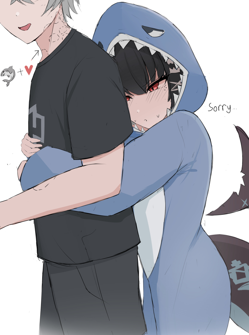 1boy 1girl absurdres animal_costume apologizing arrow_(symbol) bite_mark bite_mark_on_neck black_hair black_shirt blush ellen_joe english_text fins fish_tail grey_hair heart hetero highres hug hug_from_behind mole mole_under_eye namikare plus_sign red_eyes shark_costume shark_girl shark_tail shirt short_hair short_sleeves simple_background t-shirt tail white_background wise_(zenless_zone_zero) zenless_zone_zero