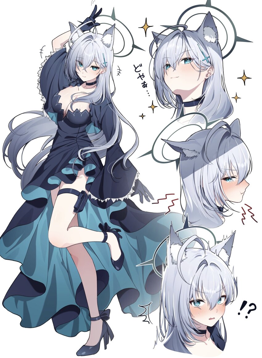 !? 1girl absurdres animal_ear_fluff animal_ears black_choker black_dress black_footwear black_gloves blue_archive blue_eyes blush breasts choker cleavage dress full_body gloves green_halo grey_hair halo high_heels highres holster large_breasts long_hair maruta_(shummylass) multiple_views shiroko_(blue_archive) shiroko_terror_(blue_archive) simple_background smile thigh_holster v-shaped_eyes white_background wolf_ears wolf_girl