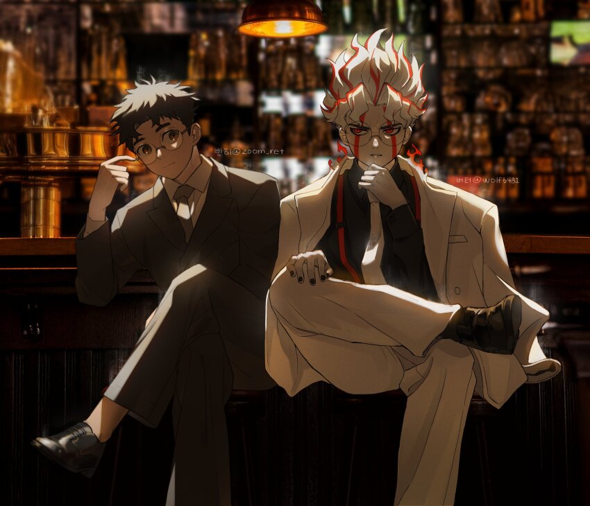 2boys alternate_form artist_name black_footwear black_hair black_nails crossed_legs dandadan facial_mark figure_four_sitting formal_clothes glasses highres male_focus multiple_boys red_eyes round_eyewear sitting suit takakura_ken_(dandadan) transformation white_hair zoom_ret