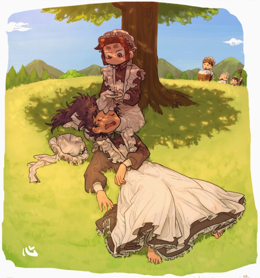 5boys against_tree aliasing alternate_costume apron arm_at_side barefoot black_dress blue_sky border brown_hair character_request cleaning closed_eyes cloud crossdressing dappled_sunlight day dot_nose dress enmaided frilled_dress frills fujiwara_no_mokou hair_spread_out hat highres holding holding_plate indian_style lap_pillow lappet long_dress long_sleeves looking_down lying maid male_focus mob_cap mountainous_horizon multiple_boys neck_ribbon no_nose on_back on_ground open_mouth outdoors plate ponytail rakudai_ninja_rantarou ribbon ruiori_saikou saliva shirobei_tokitomo sitting sky sleeping sleeve_cuffs sunlight sweatdrop tairano_takiyashamaru takeya_hachizaemon teeth thick_eyebrows tree tree_shade two-handed unworn_hat unworn_headwear upper_teeth_only waist_apron white_apron white_border white_hat white_sleeve_cuffs xiangyun yaoi