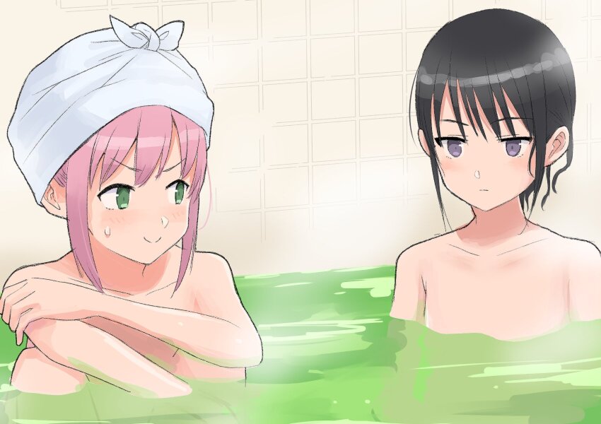 2girls :| bath bathing black_hair closed_mouth collarbone commentary_request expressionless green_eyes hair_up hand_on_own_shoulder highres light_blush looking_at_another multiple_girls nemoto_hina nude okiru partially_submerged pink_hair purple_eyes same-sex_bathing shared_bathing sidelocks sideways_glance small_sweatdrop smile tamura_yuri tile_wall tiles towel towel_on_head v-shaped_eyebrows watashi_ga_motenai_no_wa_dou_kangaetemo_omaera_ga_warui!