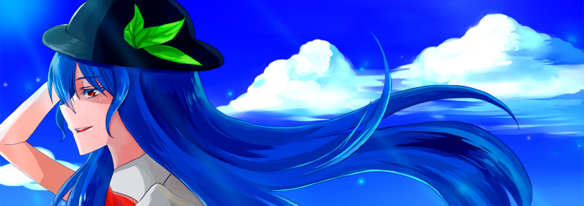 1girl bad_id bad_pixiv_id blue_hair bow cloud day female_focus hat hinanawi_tenshi leaf long_hair open_mouth profile red_eyes rowan_(kanonsecret) smile solo touhou very_long_hair