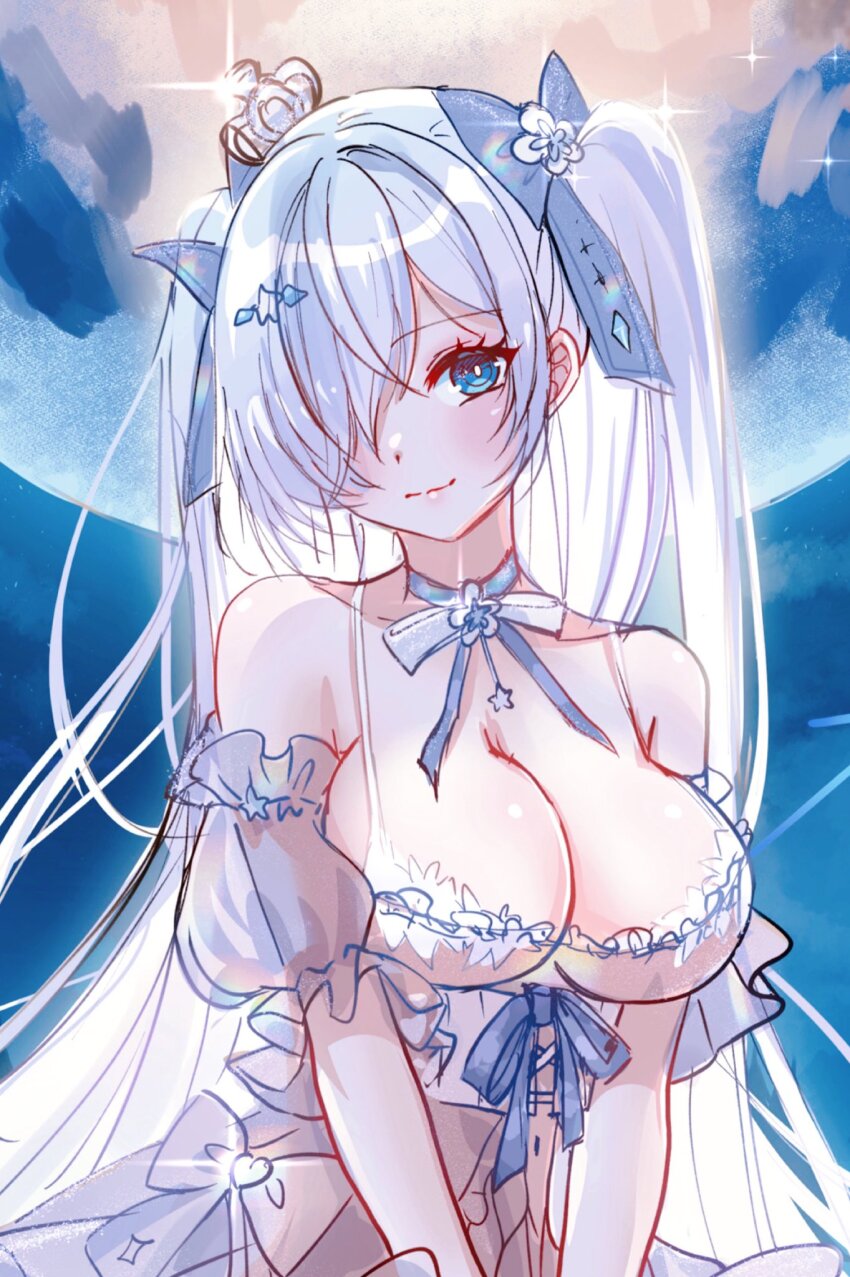 1girl alternate_costume blue_eyes blue_ribbon blue_sky breasts choker cinderella_(glass_princess)_(nikke) cinderella_(nikke) cleavage dress goddess_of_victory:_nikke hair_over_one_eye hair_ribbon highres large_breasts light_smile long_hair looking_at_viewer moon nekoponart official_alternate_costume pale_skin ribbon see-through_clothes see-through_sleeves sky solo twintails very_long_hair