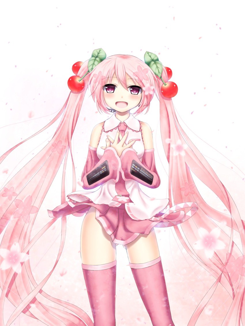 1girl cherry detached_sleeves female_focus food fruit hands_on_own_chest hatsune_miku headset highres long_hair nanatsuba necktie open_mouth petals pink_eyes pink_hair sakura_miku skirt solo thighhighs twintails very_long_hair vocaloid white_background