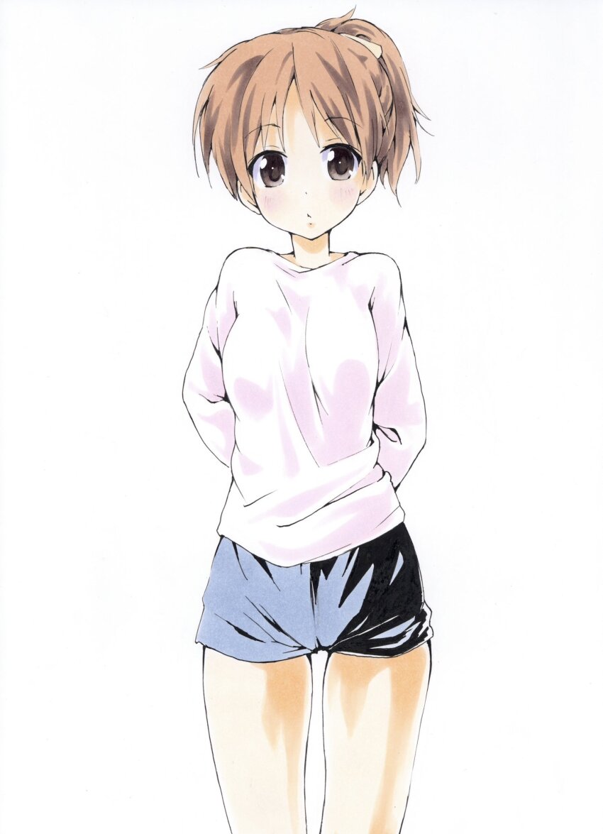 1girl arms_behind_back blue_shorts blush brown_eyes brown_hair casual highres hirasawa_ui k-on! long_sleeves looking_at_viewer marker_(medium) ponytail shiki_59 shirt short_hair shorts simple_background standing sweater traditional_media white_background