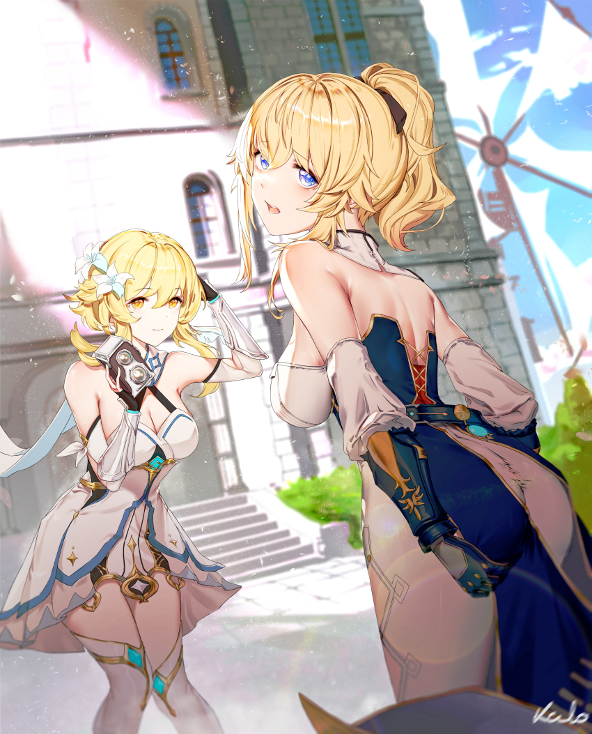 2girls absurdres artist_name ass black_gloves black_ribbon blonde_hair blue_eyes blue_sky breasts cleavage closed_mouth cloud commentary_request day dress fingerless_gloves flower from_behind gauntlets genshin_impact gloves hair_flower hair_ornament hair_ribbon highres jean_(genshin_impact) kato_(kato) looking_at_viewer lumine_(genshin_impact) medium_breasts multiple_girls outdoors ponytail ribbon short_hair sideboob sky smile standing thighhighs thighs white_dress white_legwear yellow_eyes