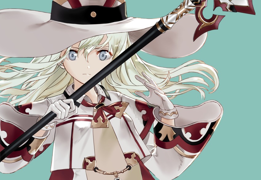 10s 1girl alternate_costume alternate_headwear blonde_hair blue_eyes commentary cosplay cropped_jacket female_focus final_fantasy gloves hair_between_eyes hat holding holding_staff kantai_collection long_hair long_sleeves looking_at_viewer ruisento simple_background solo staff u-511_(kancolle) white_gloves white_mage_(final_fantasy) white_mage_(final_fantasy)_(cosplay) witch_hat