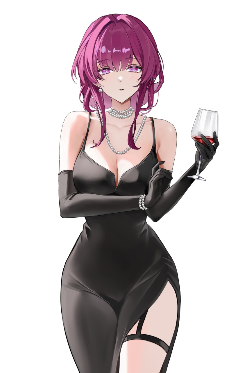 1girl absurdres alternate_costume bare_shoulders black_dress black_gloves breasts cleavage collarbone commentary cowboy_shot cup dress drinking_glass earrings elbow_gloves gloves hasom highres holding holding_cup honkai:_star_rail honkai_(series) jewelry kafka_(honkai:_star_rail) large_breasts necklace parted_lips purple_eyes purple_hair side_slit simple_background solo white_background