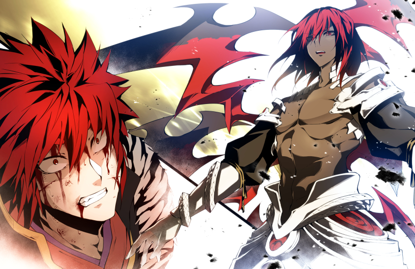 2boys armor blood clenched_teeth commentary_request dark_skin eternal_14sai eyes_visible_through_hair highres injury kajiri_kamui_kagura looking_at_another multiple_boys red_eyes red_hair sakagami_habaki shinza_bansho_series teeth tenma_yato upper_teeth_only