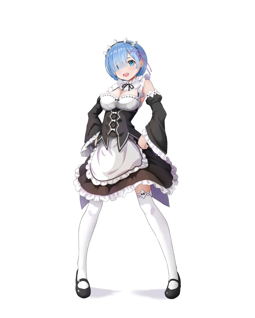 1girl absurdres black_footwear blue_eyes blue_hair breasts detached_sleeves dress frills full_body gibun_(sozoshu) hair_ornament hair_over_one_eye hands_on_own_hips highres looking_at_viewer maid maid_headdress medium_breasts open_mouth re:zero_kara_hajimeru_isekai_seikatsu rem_(re:zero) ribbon roswaal_mansion_maid_uniform short_hair simple_background smile solo teeth thighhighs upper_teeth_only white_background zettai_ryouiki